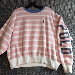 Polo Ralph Lauren Women's Pink White Striped Pullover Sweatshirt Large Classic